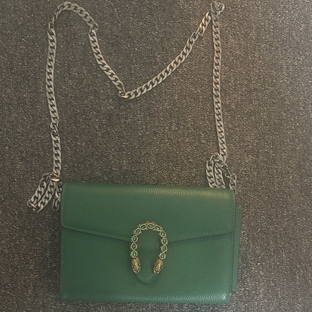 Green Genuine Cowhide Leather Black Chain Bag with Gold Accent